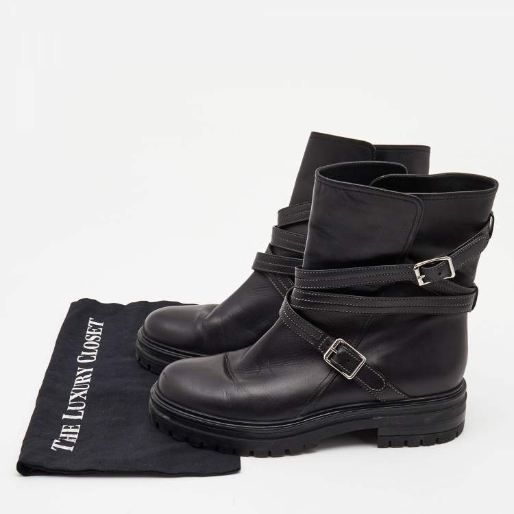Pre Owned Gianvito Rossi Black Leather Buckle Combat Boots Size 40