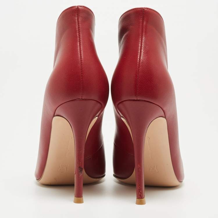 Pre Owned Gianvito Rossi Red Leather Vamp Peep Toe Ankle Booties Size 36