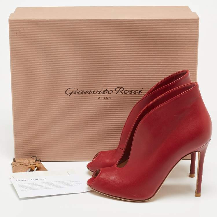 Pre Owned Gianvito Rossi Red Leather Vamp Peep Toe Ankle Booties Size 36