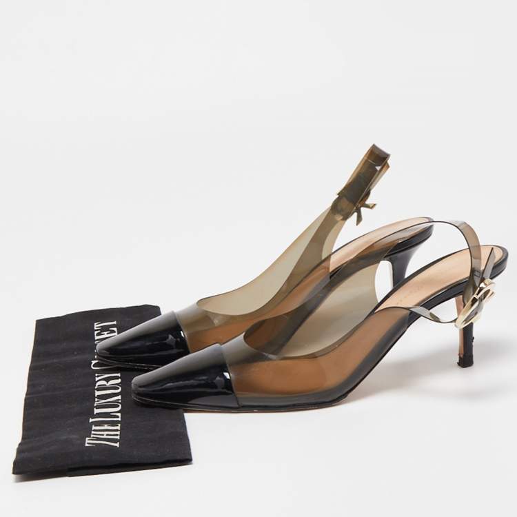 Pre Owned Gianvito Rossi Black Patent Leather and PVC Slingback Pumps Size 36.5