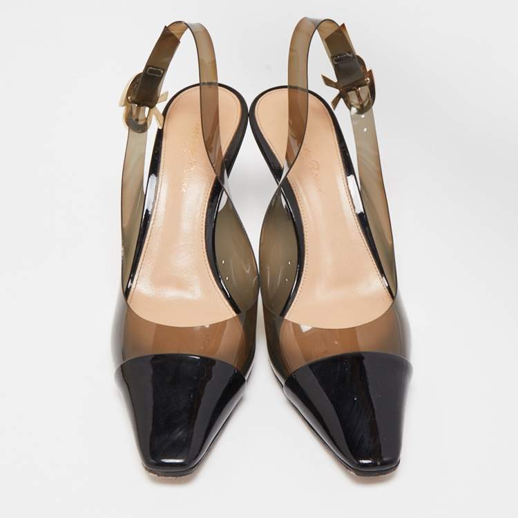 Pre Owned Gianvito Rossi Black Patent Leather and PVC Slingback Pumps Size 36.5