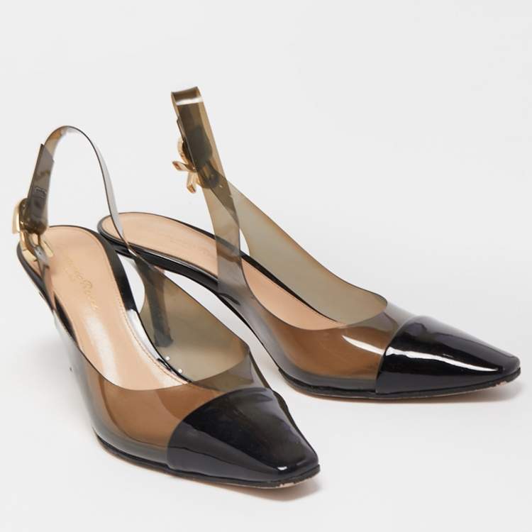 Pre Owned Gianvito Rossi Black Patent Leather and PVC Slingback Pumps Size 36.5