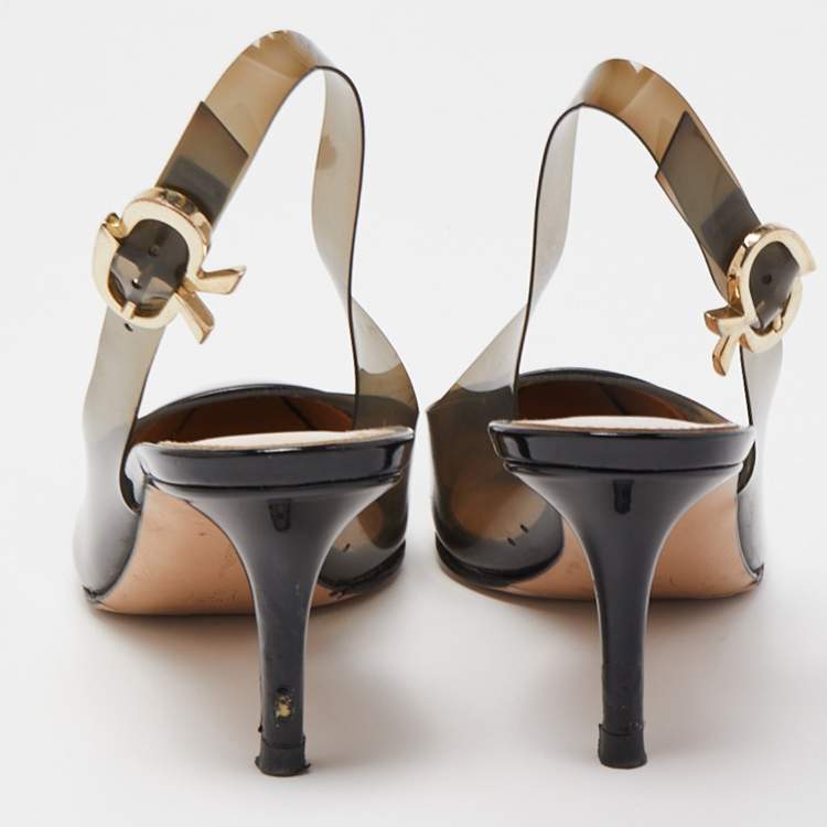 Pre Owned Gianvito Rossi Black Patent Leather and PVC Slingback Pumps Size 36.5