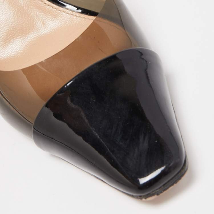 Pre Owned Gianvito Rossi Black Patent Leather and PVC Slingback Pumps Size 36.5