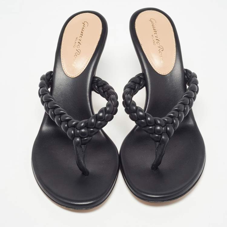 Pre Owned Gianvito Rossi Black Woven Leather Thong Slide Sandals Size 38