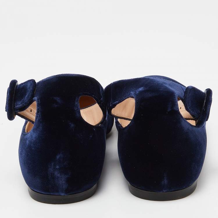 Pre Owned Gianvito Rossi Blue Velvet Ankle Strap Ballet Flats Size 39