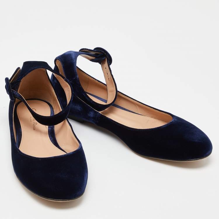 Pre Owned Gianvito Rossi Blue Velvet Ankle Strap Ballet Flats Size 39