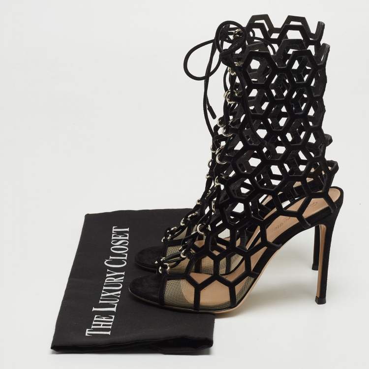 Pre Owned Gianvito Rossi Black Suede and Mesh Cut Out Sandals Size 36