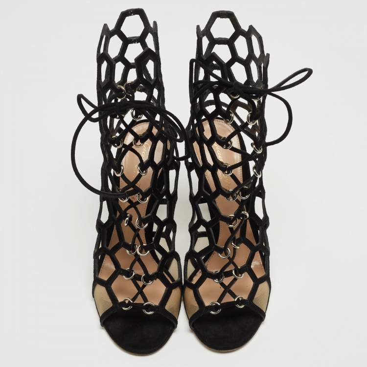 Pre Owned Gianvito Rossi Black Suede and Mesh Cut Out Sandals Size 36