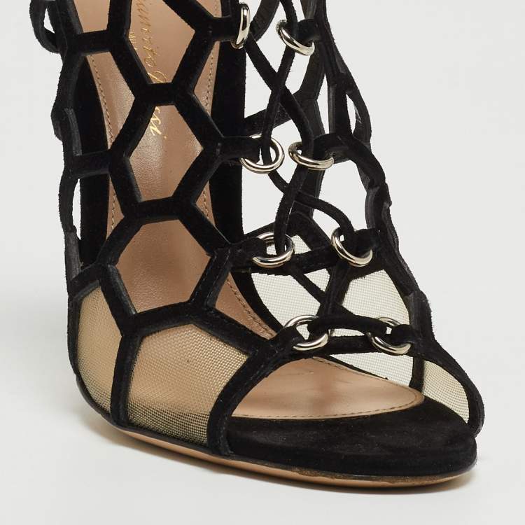 Pre Owned Gianvito Rossi Black Suede and Mesh Cut Out Sandals Size 36