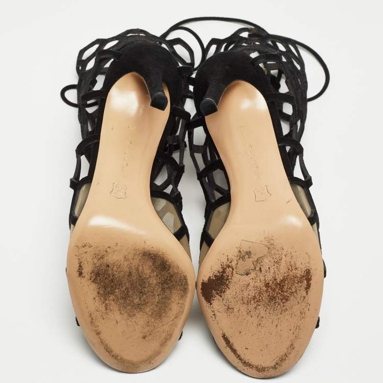 Pre Owned Gianvito Rossi Black Suede and Mesh Cut Out Sandals Size 36