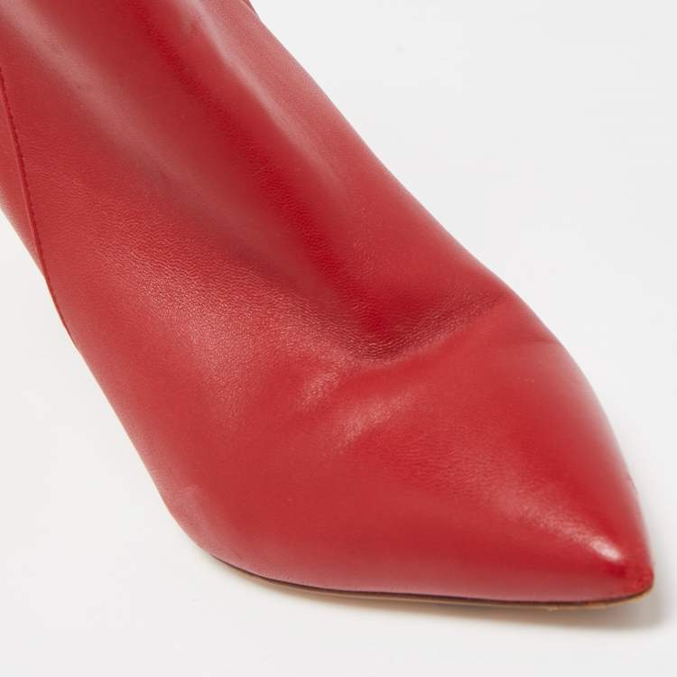 Pre Owned Gianvito Rossi Red Leather Pointed Toe Ankle Length Boots Size 37.5