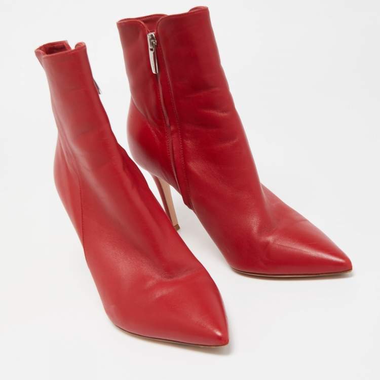Pre Owned Gianvito Rossi Red Leather Pointed Toe Ankle Length Boots Size 37.5