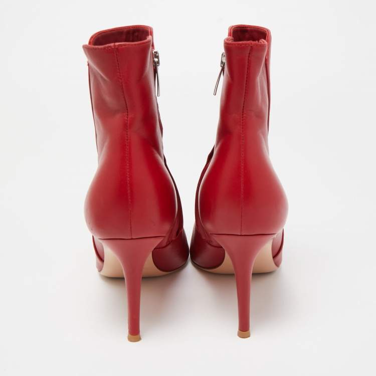 Pre Owned Gianvito Rossi Red Leather Pointed Toe Ankle Length Boots Size 37.5