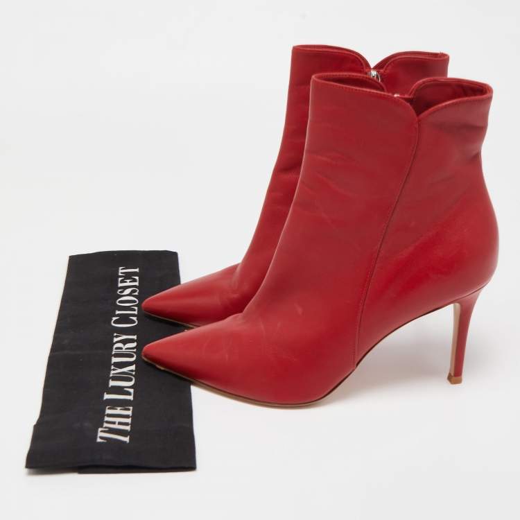 Pre Owned Gianvito Rossi Red Leather Pointed Toe Ankle Length Boots Size 37.5
