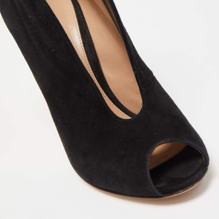 Pre Owned Gianvito Rossi Black Suede Vamp Peep Toe Booties Size 36.5