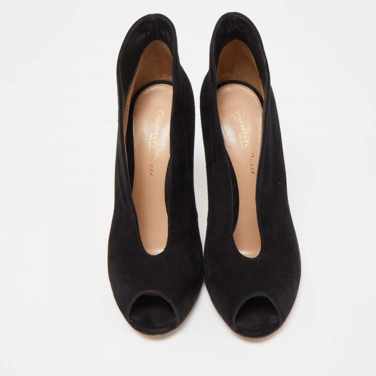 Pre Owned Gianvito Rossi Black Suede Vamp Peep Toe Booties Size 36.5