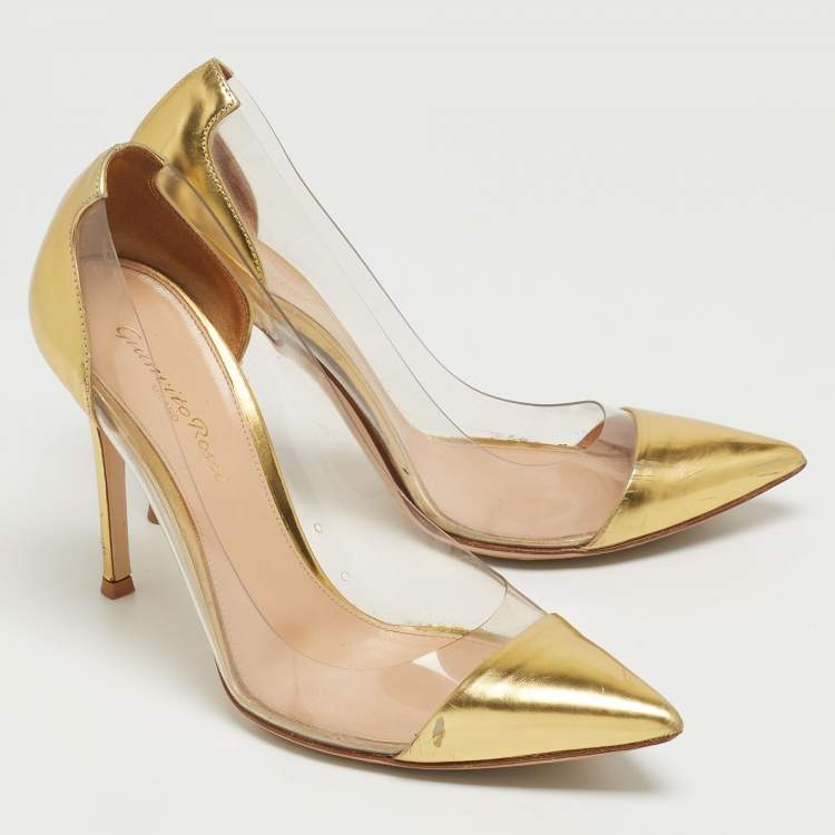 Pre Owned Gianvito Rossi Gold Patent Leather and PVC Plexi Pumps Size 37