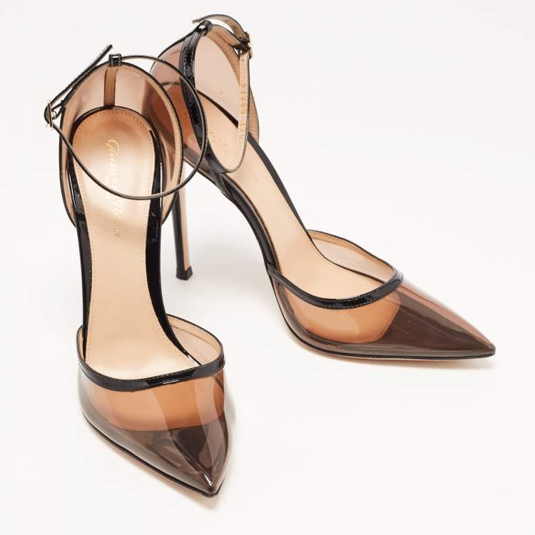 Pre Owned Gianvito Rossi Black PVC and Patent Leather Pointed Toe Ankle Strap Pumps Size 37.5