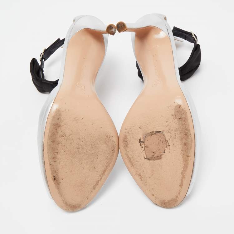 Pre Owned Gianvito Rossi Silver Leather and Satin Bow Ankle Strap Sandals Size 37