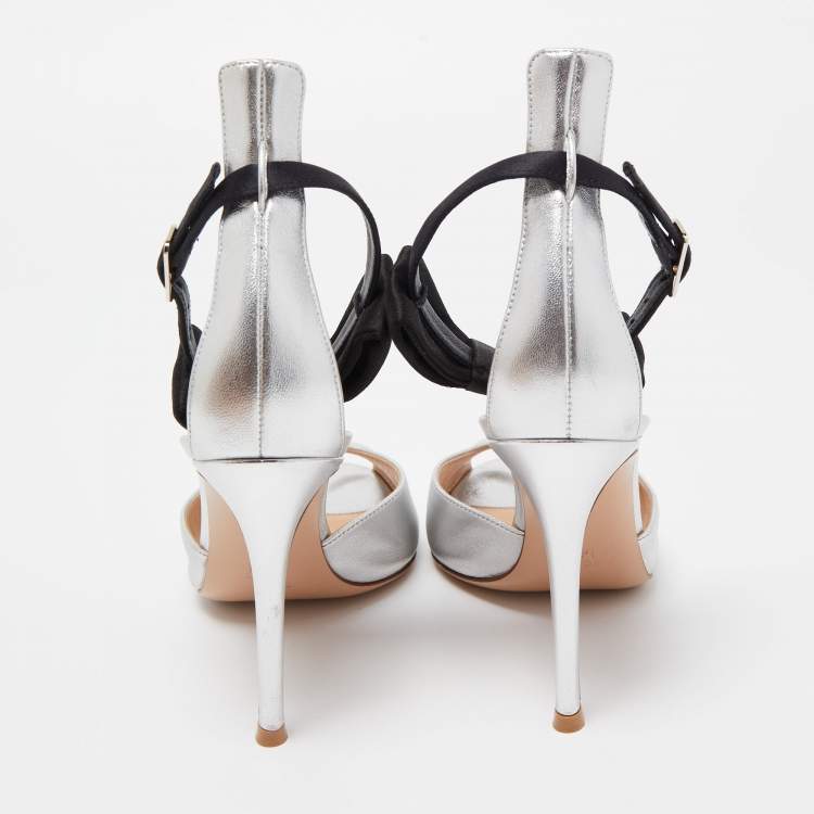 Pre Owned Gianvito Rossi Silver Leather and Satin Bow Ankle Strap Sandals Size 37