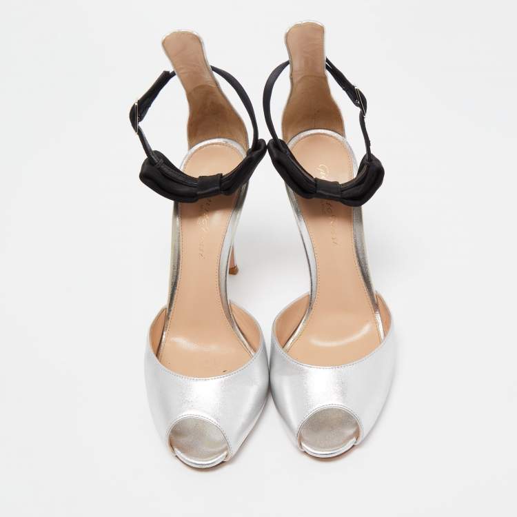 Pre Owned Gianvito Rossi Silver Leather and Satin Bow Ankle Strap Sandals Size 37