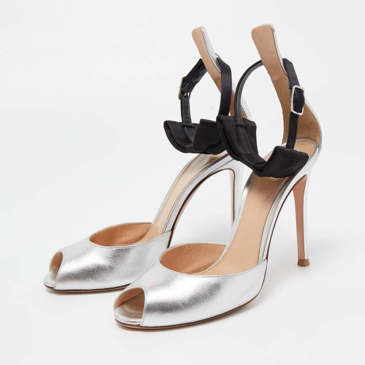 Pre Owned Gianvito Rossi Silver Leather and Satin Bow Ankle Strap Sandals Size 37