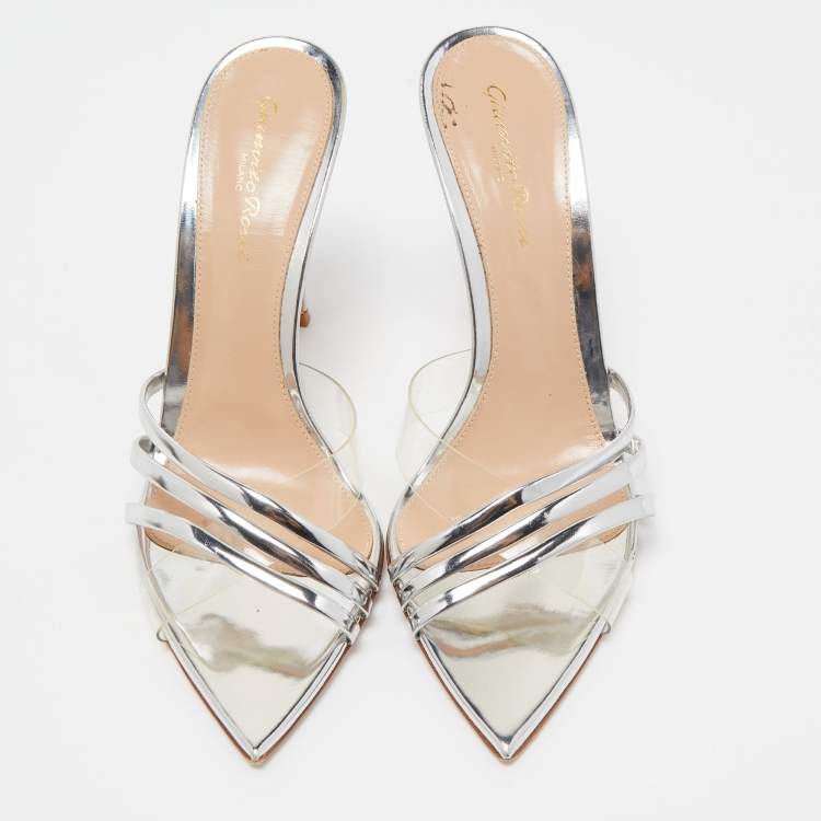 Pre Owned Gianvito Rossi Silver PVC and Patent Leather Slide Sandals Size 38