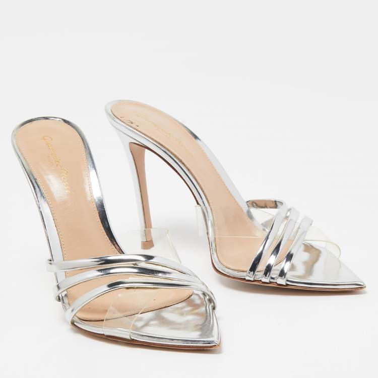 Pre Owned Gianvito Rossi Silver PVC and Patent Leather Slide Sandals Size 38