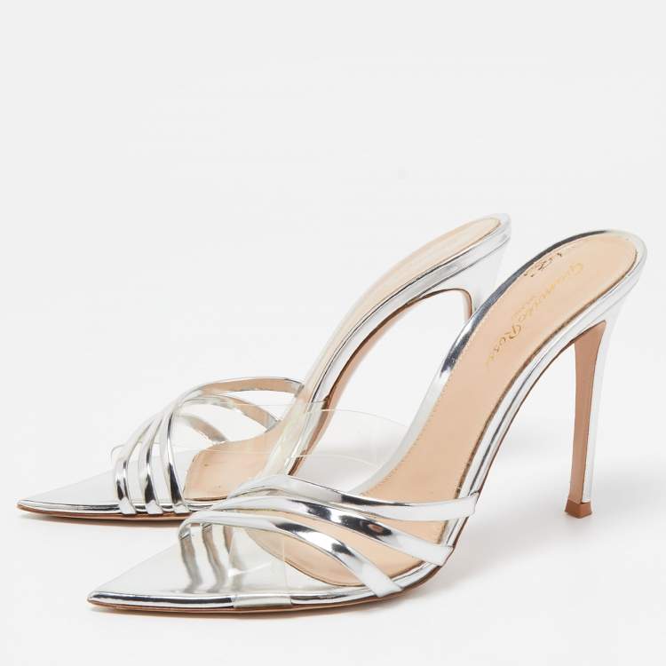 Pre Owned Gianvito Rossi Silver PVC and Patent Leather Slide Sandals Size 38