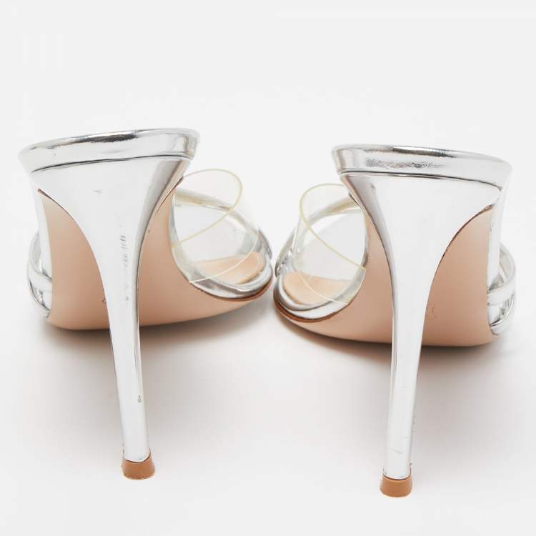 Pre Owned Gianvito Rossi Silver PVC and Patent Leather Slide Sandals Size 38