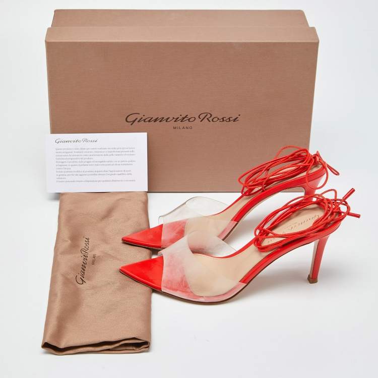 Pre Owned Gianvito Rossi Orange Leather and PVC Skye Ankle Tie Sandals Size 36.5