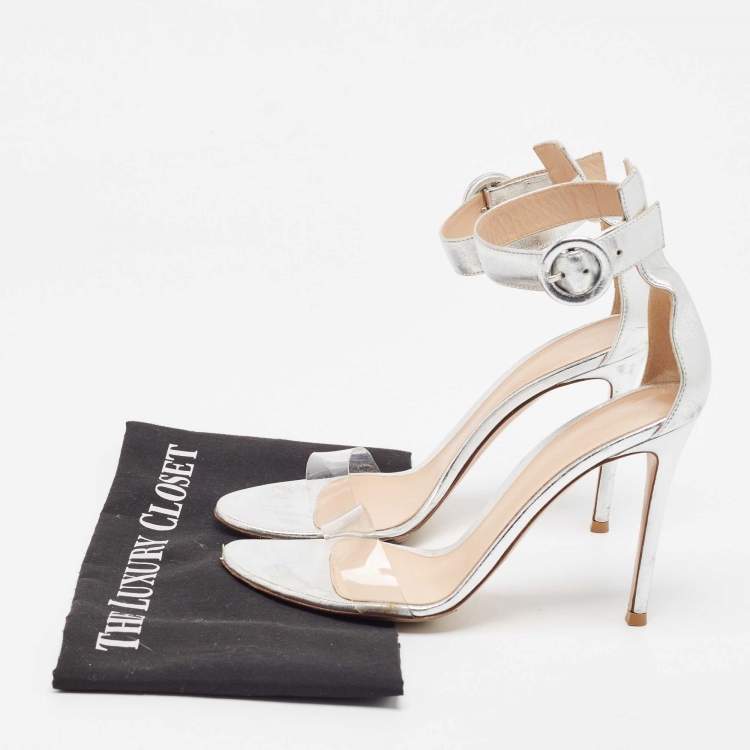 Pre Owned Gianvito Rossi Metallic Silver Leather and PVC Portofino Ankle Strap Sandals Size 38.5