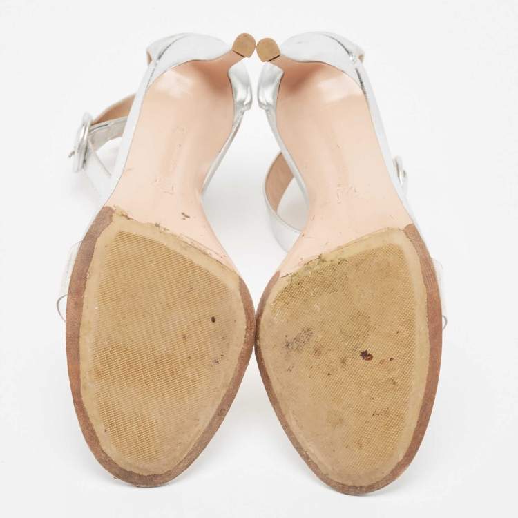 Pre Owned Gianvito Rossi Metallic Silver Leather and PVC Portofino Ankle Strap Sandals Size 38.5