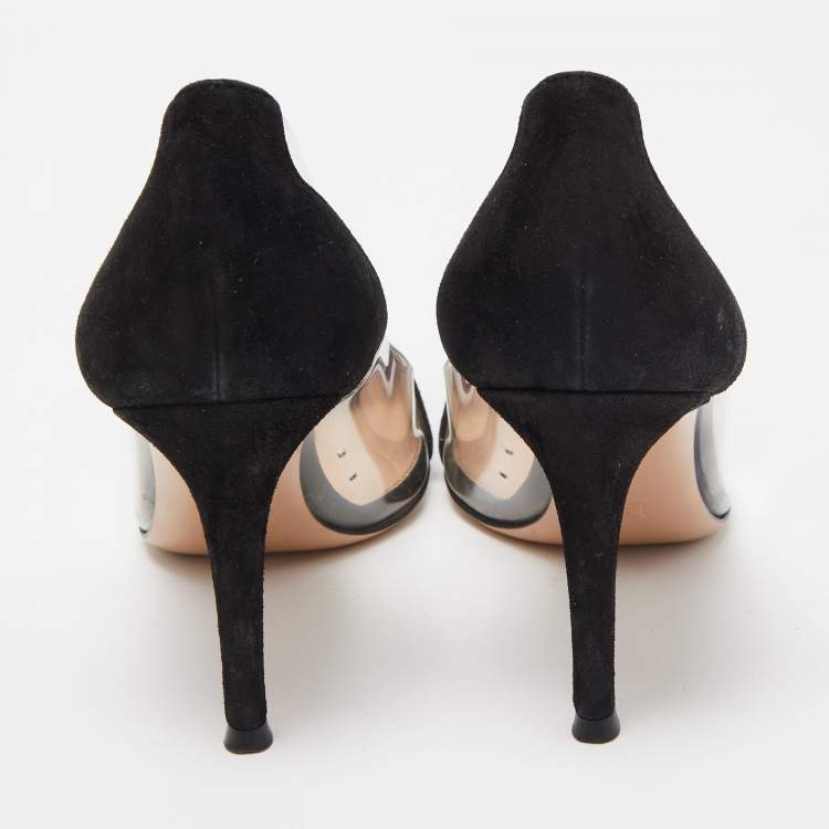 Pre Owned Gianvito Rossi Black Suede and PVC Plexi Pointed Toe Pumps Size 36.5