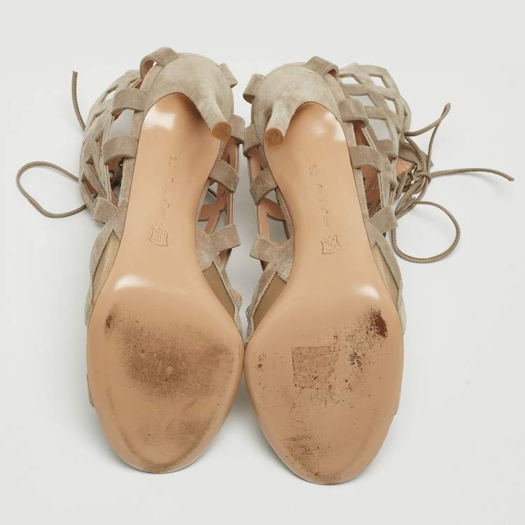 Pre Owned Gianvito Rossi Grey Suede Lattice Sandals Size 38.5