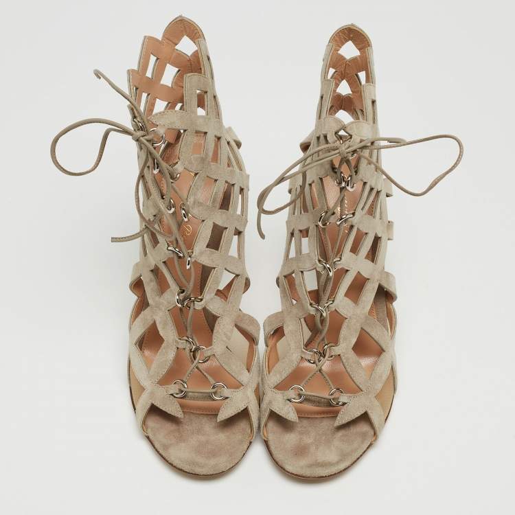 Pre Owned Gianvito Rossi Grey Suede Lattice Sandals Size 38.5