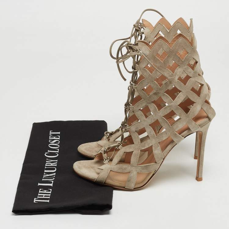 Pre Owned Gianvito Rossi Grey Suede Lattice Sandals Size 38.5