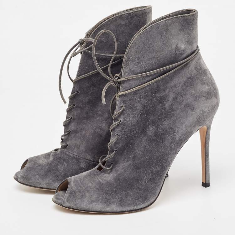 Pre Owned Gianvito Rossi Grey Suede Jane Ankle Booties Size 38.5