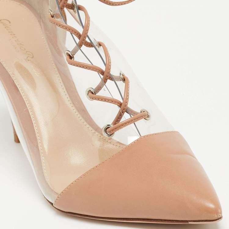 Pre Owned Gianvito Rossi Beige PVC and Leather Helmut Ankle Boots Size 38.5