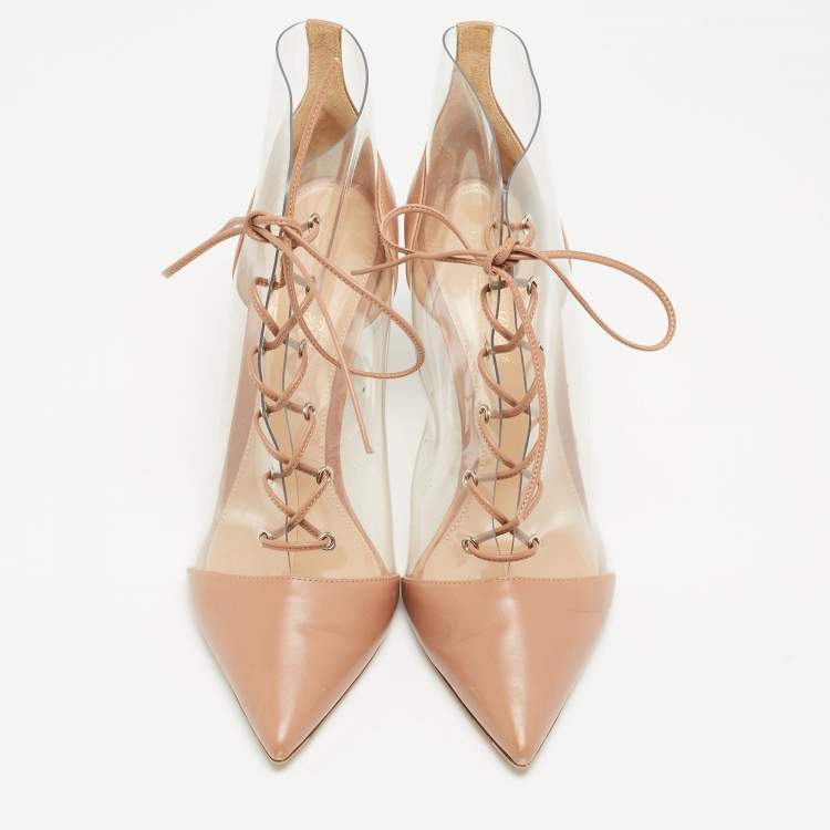 Pre Owned Gianvito Rossi Beige PVC and Leather Helmut Ankle Boots Size 38.5