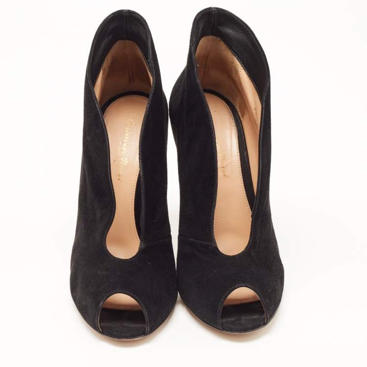 Pre Owned Gianvito Rossi Black Suede Vamp Peep Toe Ankle Booties Size 39