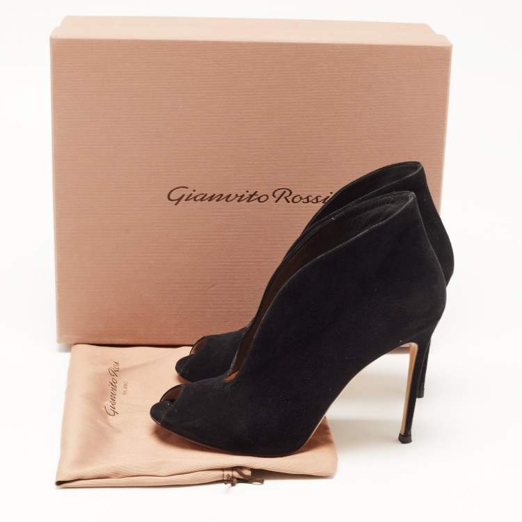 Pre Owned Gianvito Rossi Black Suede Vamp Peep Toe Ankle Booties Size 39