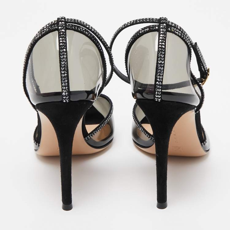 Pre Owned Gianvito Rossi Black PVC and Crystal Embellished Suede Sabin Pumps Size 38