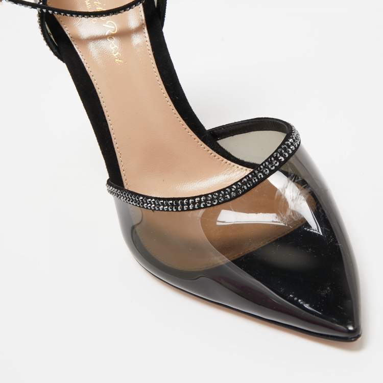Pre Owned Gianvito Rossi Black PVC and Crystal Embellished Suede Sabin Pumps Size 38