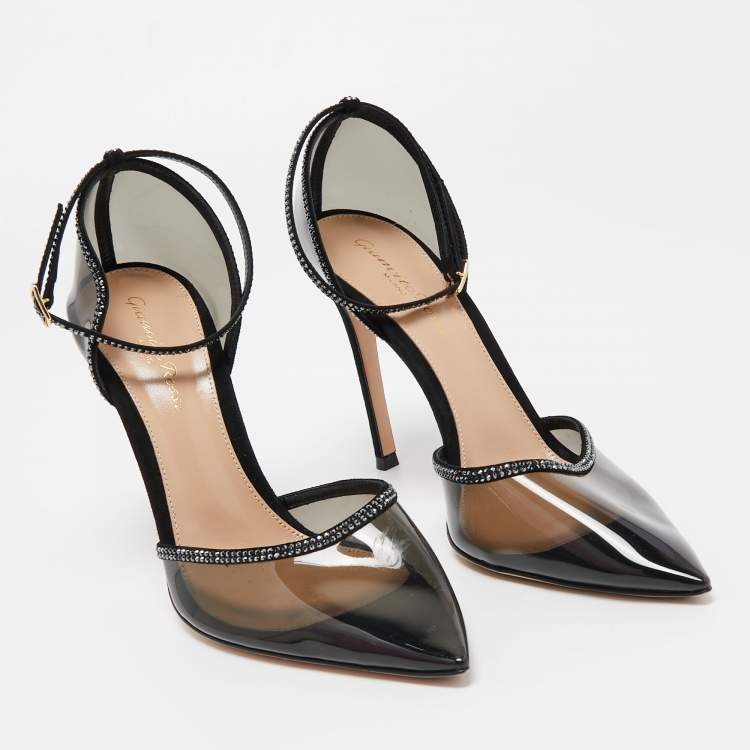 Pre Owned Gianvito Rossi Black PVC and Crystal Embellished Suede Sabin Pumps Size 38