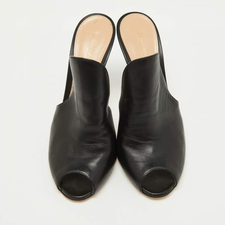 Pre Owned Gianvito Rossi Black Leather Alise Peep Toe Mules Size 37.5