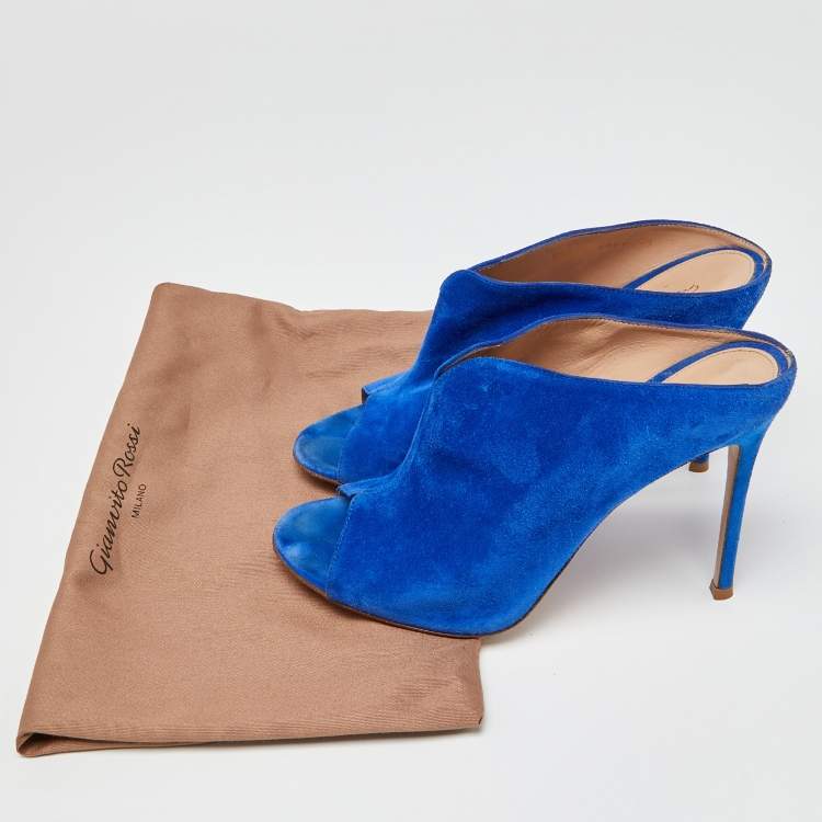 Pre Owned Gianvito Rossi Blue Suede Peep Toe Mules Size 39