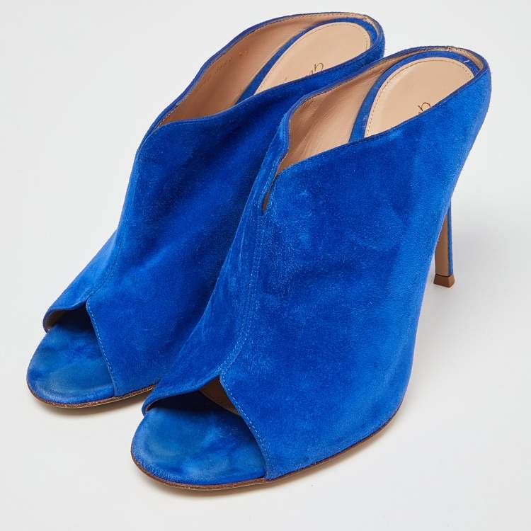 Pre Owned Gianvito Rossi Blue Suede Peep Toe Mules Size 39