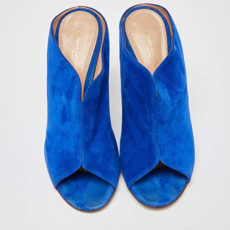 Pre Owned Gianvito Rossi Blue Suede Peep Toe Mules Size 39